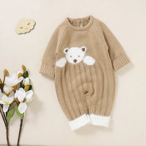 Baby Bear Jacquard Design Long Sleeve Cute Knitted Jumpsuits